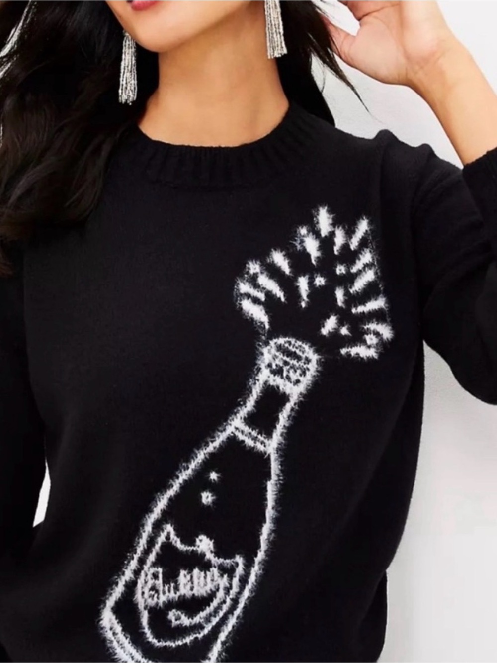 LOFT Black Crewneck Sweater with Bottle “Bubbly” Bottle Graphic